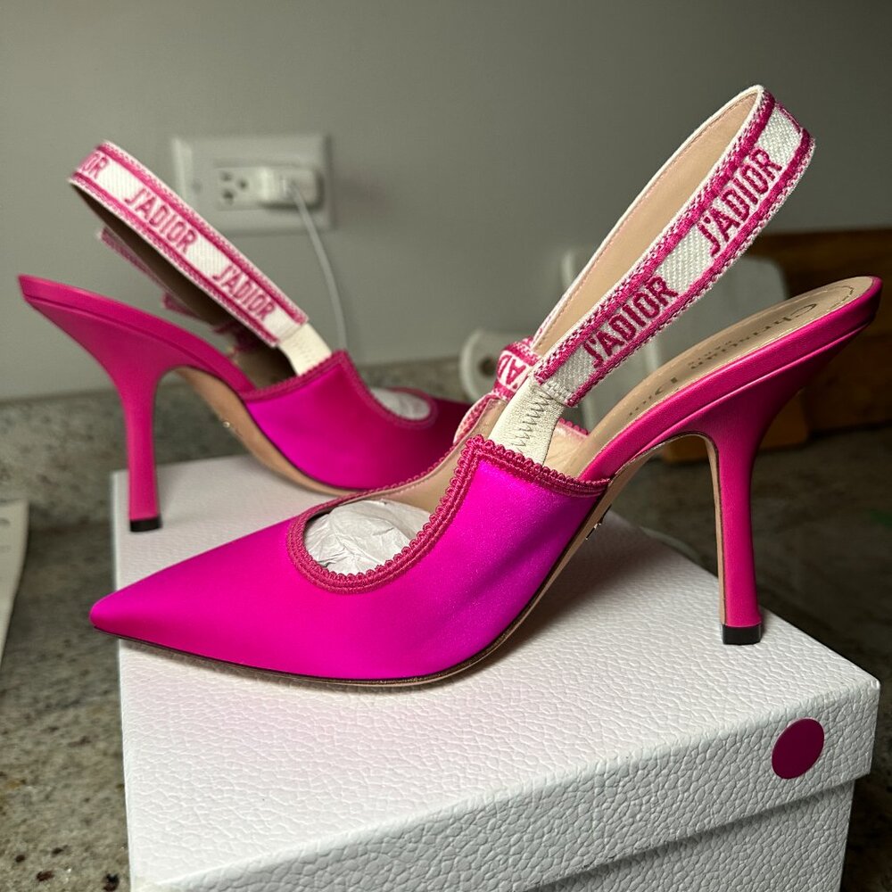 Dior Pink Satin J'Adior Slingback Pointed Toe Heels - Picture 4 of 12